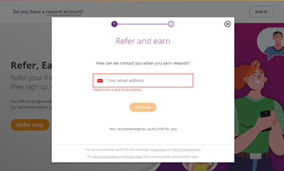Screenshot of refer a friend email entry screen