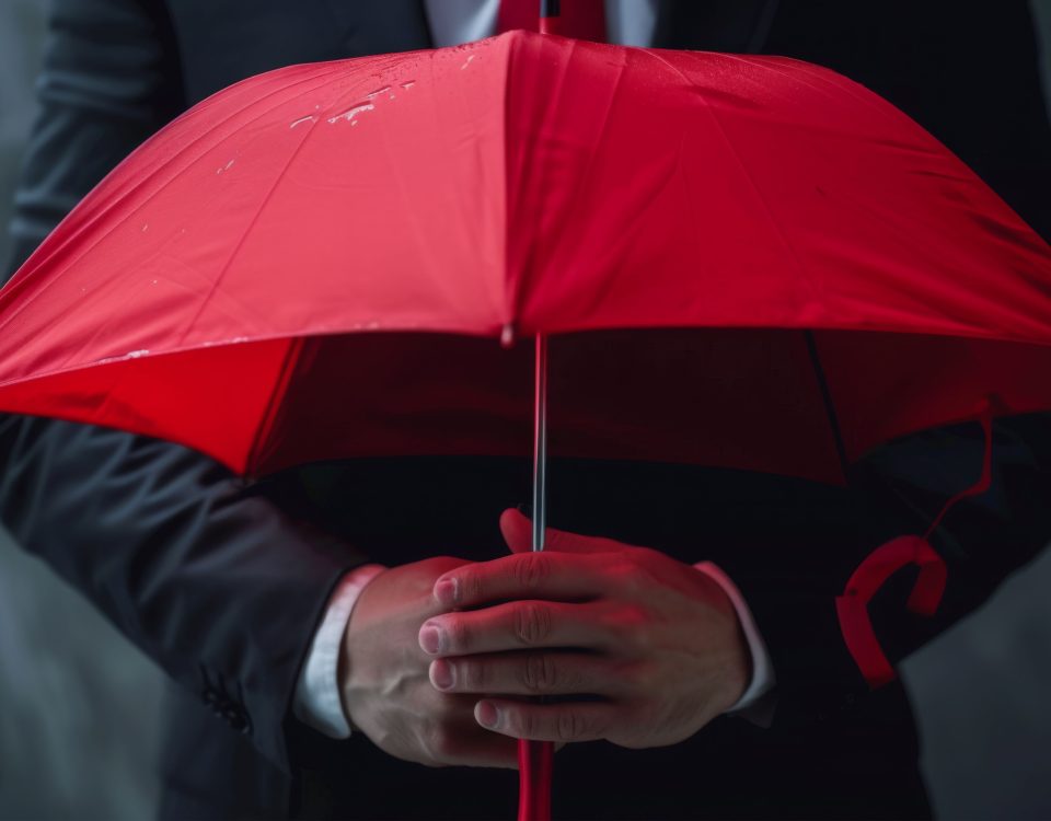 Man holding dark red umbrella signifying danger.