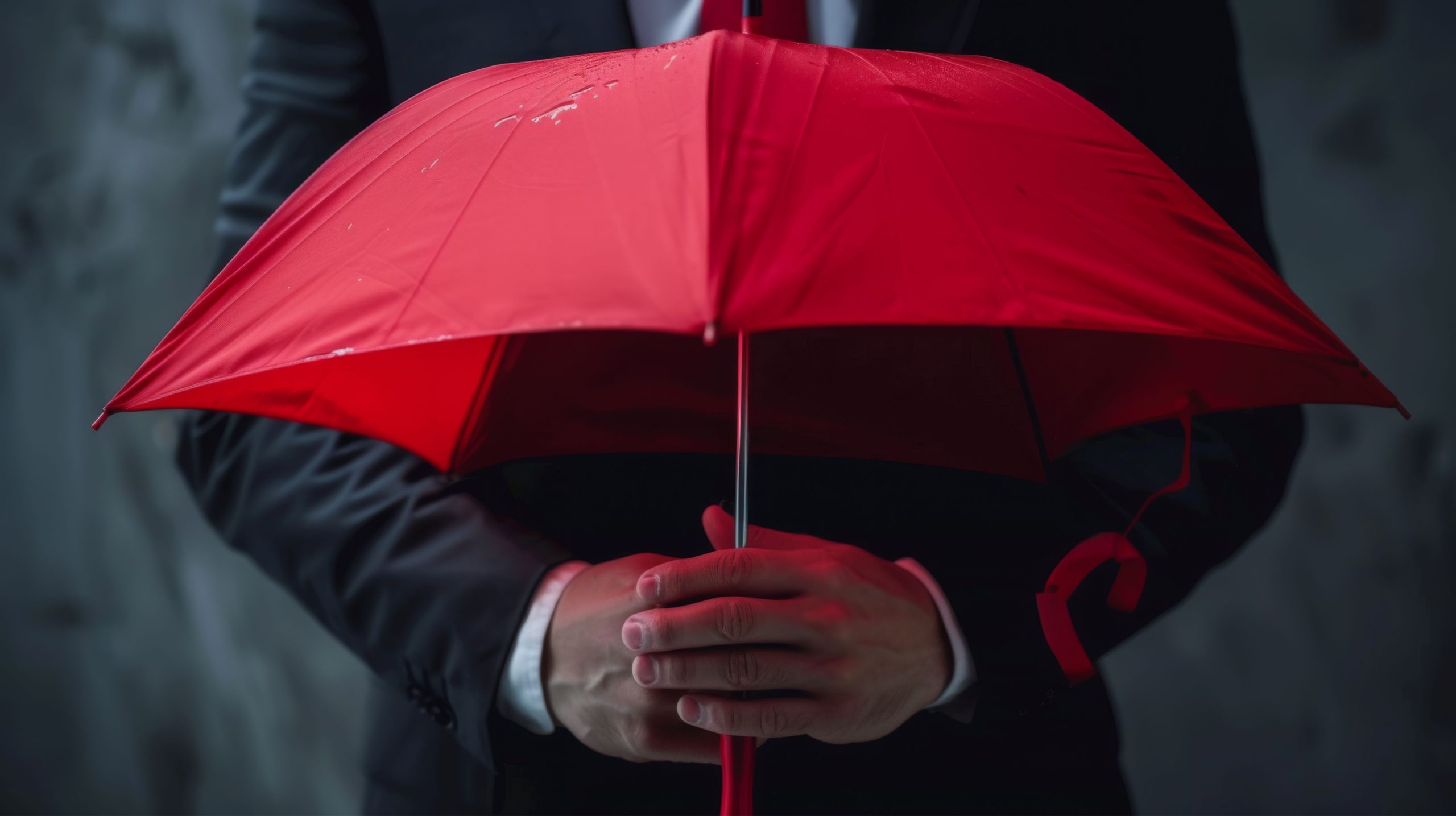 Man holding dark red umbrella signifying danger.